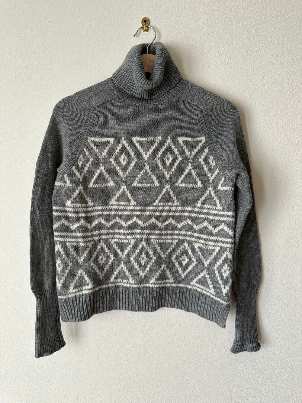 J Crew Wool Cashmere Turtleneck Sweater Womens S Gray Ivory Geometric Knit